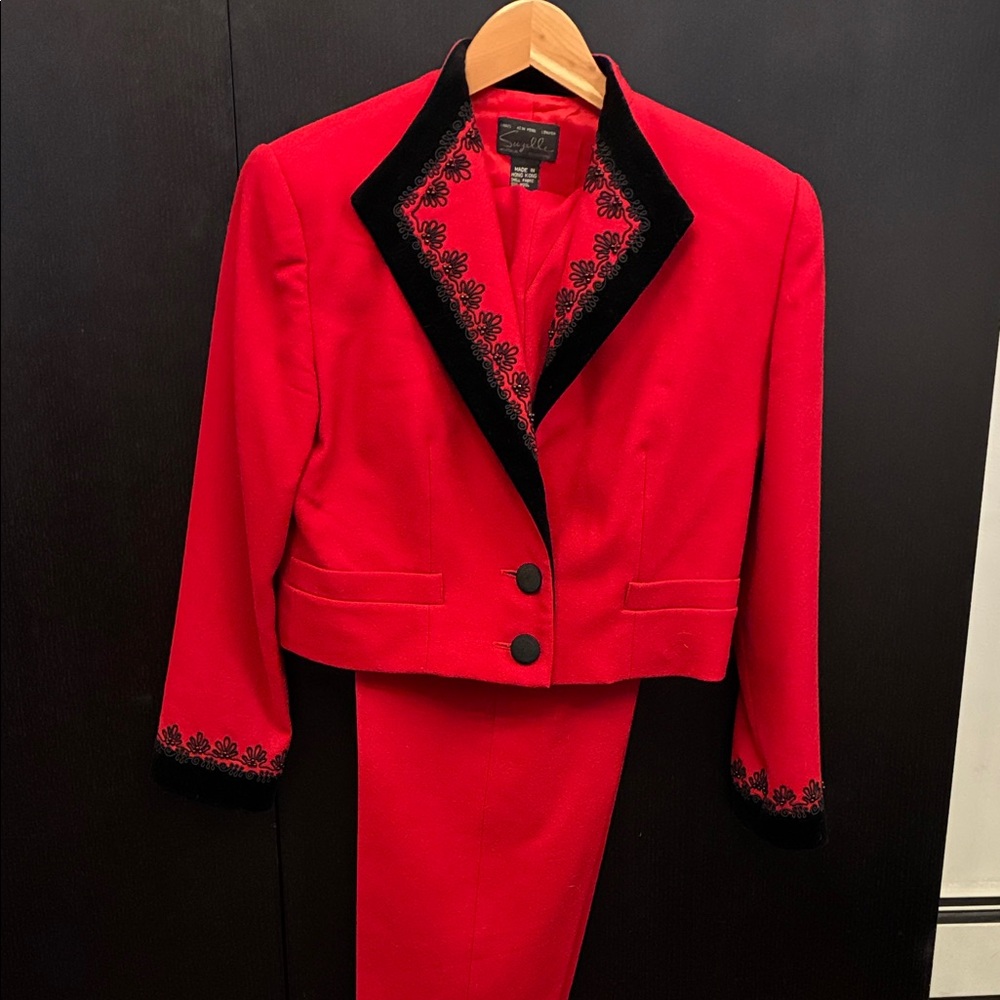 Suzelle Crimson wool holiday suit with Black velvet + Passementerie Trim size 4.